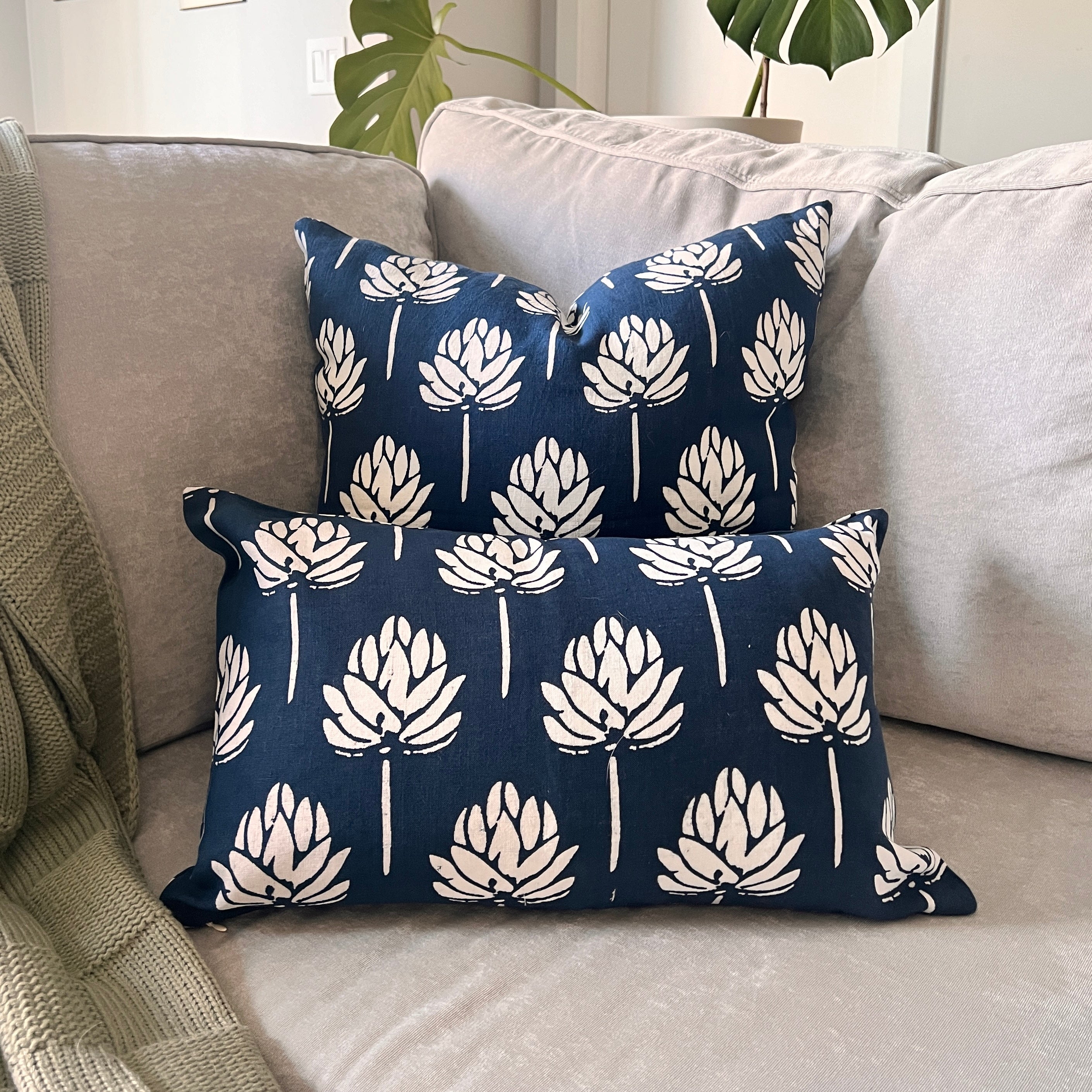 Lotus Bloom Linen Pillow Cover — Navy