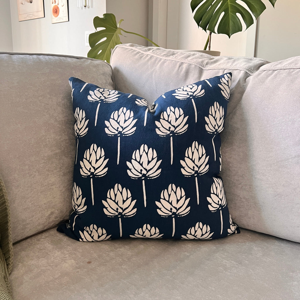 Lotus Bloom Linen Pillow Cover — Navy