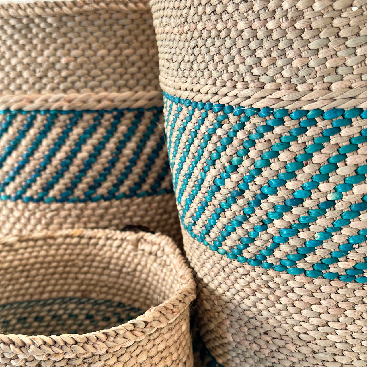 African Iringa woven basket with Turquoise Stripe