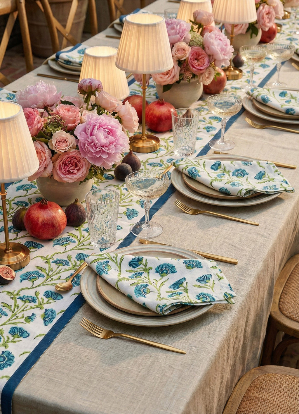 Bella Linen Table Runner — Olive & Blue