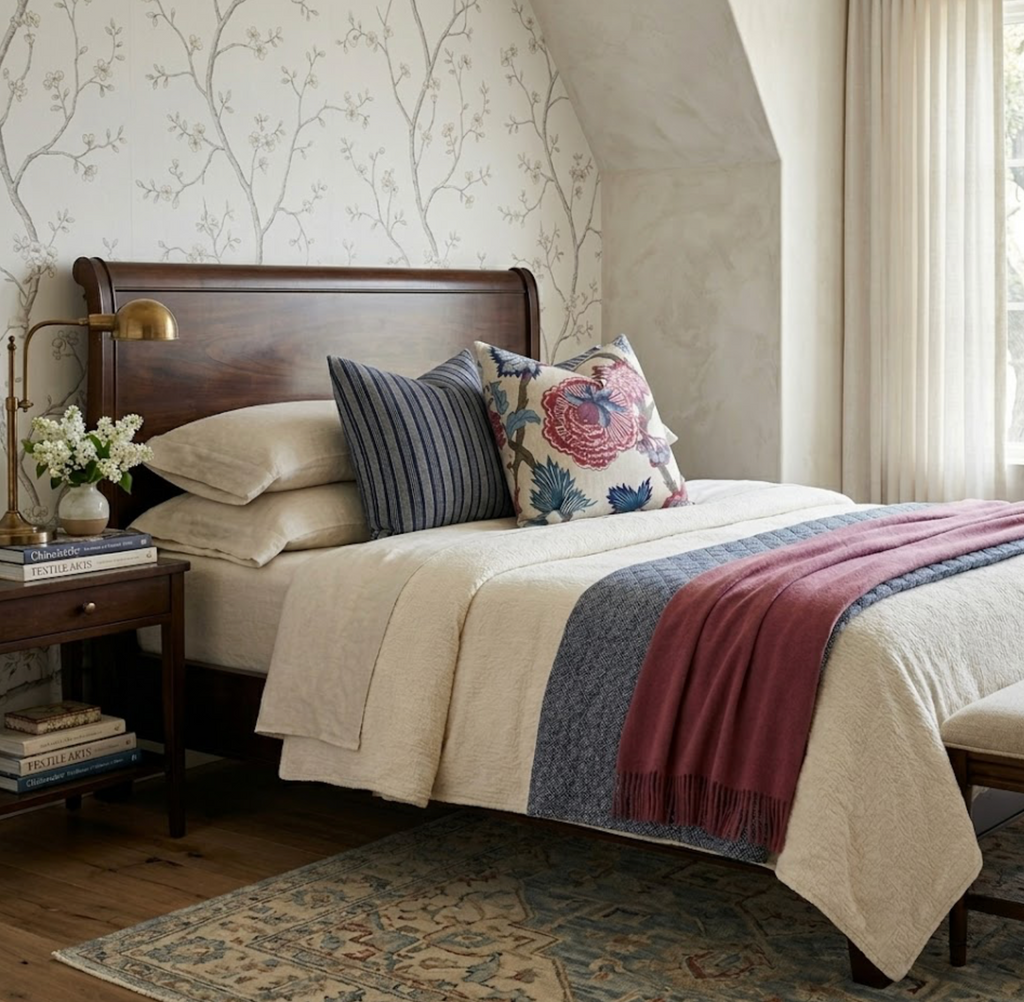 Indienne Jacobean Pillow Cover in Raspberry and Blue, Thibaut Pillows