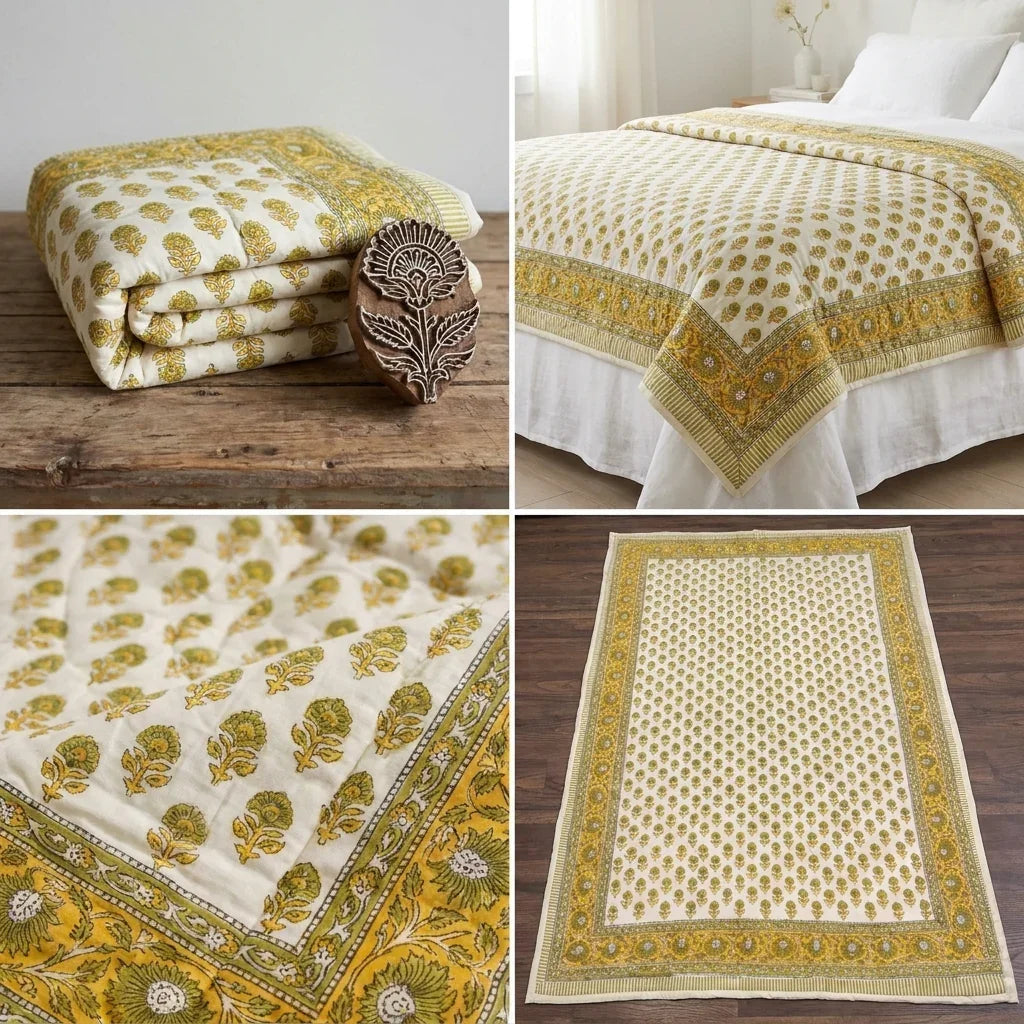 Cream & Mustard Yellow Floral Jaipur Indian Hand Block Print Quilted Comforter