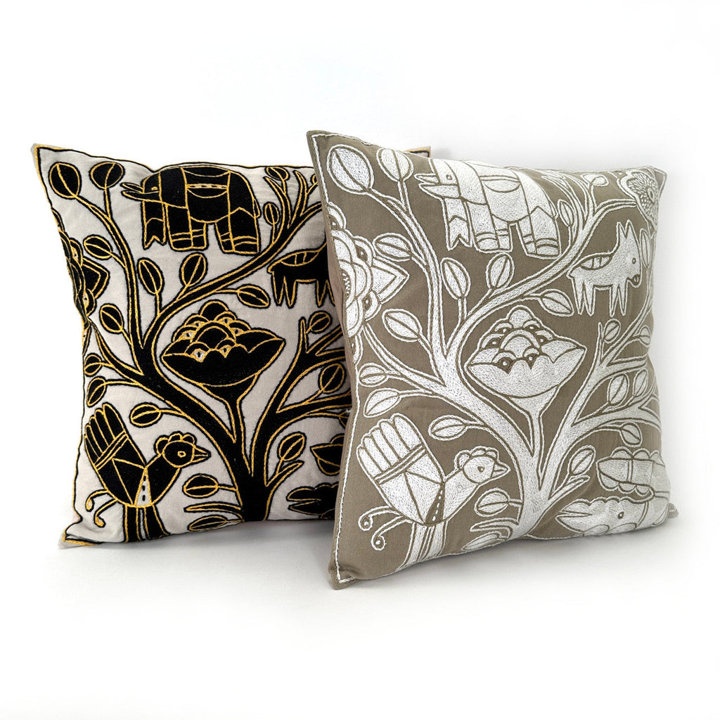 Ivory, Black + Gold Hand Embroidered Pillow Cover