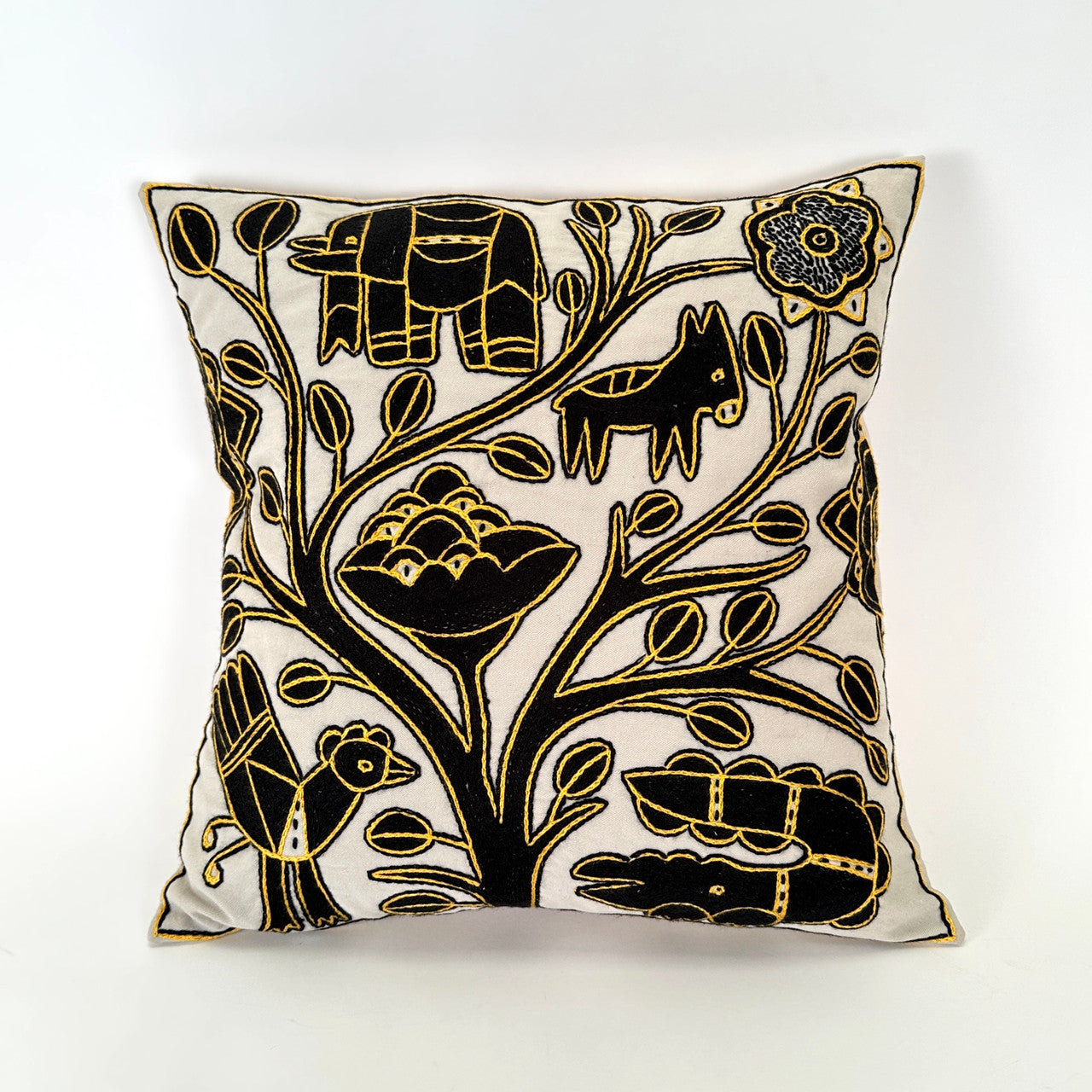 Ivory, Black + Gold Hand Embroidered Pillow Cover