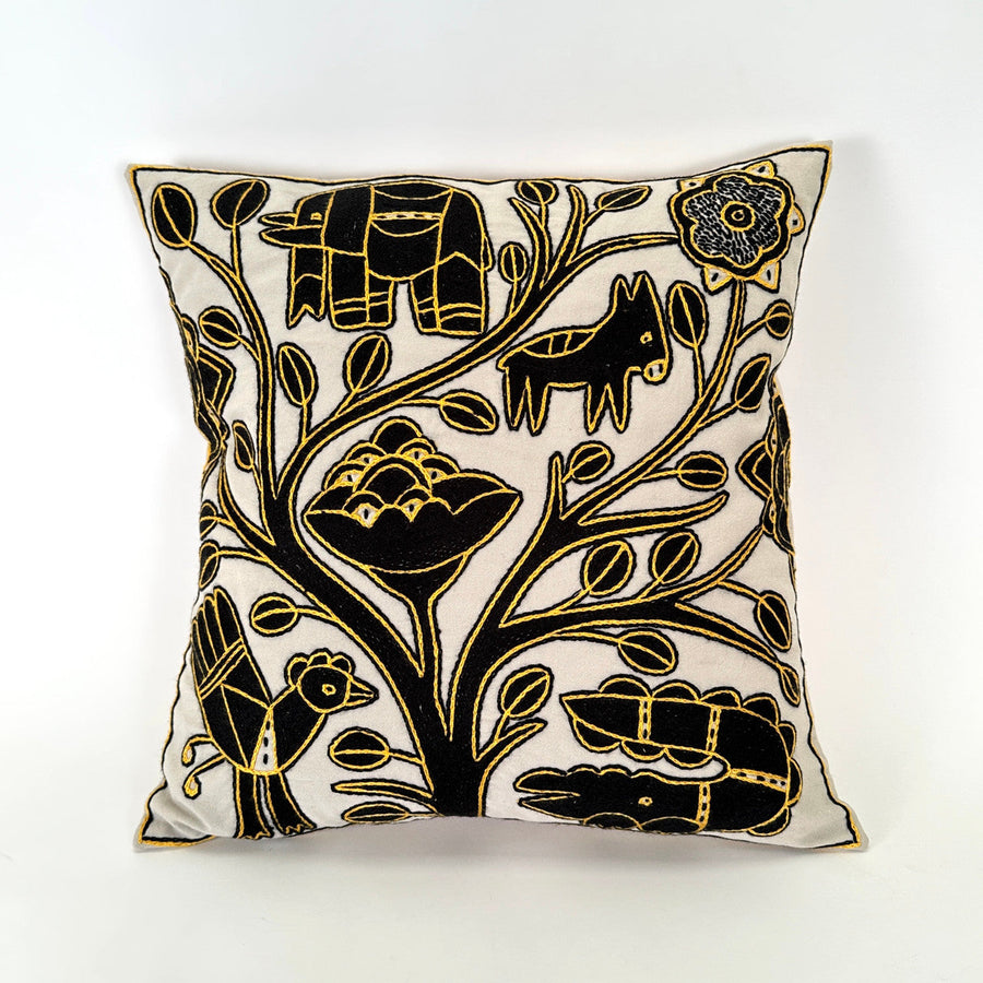 Ivory, Black + Gold Hand Embroidered Pillow Cover