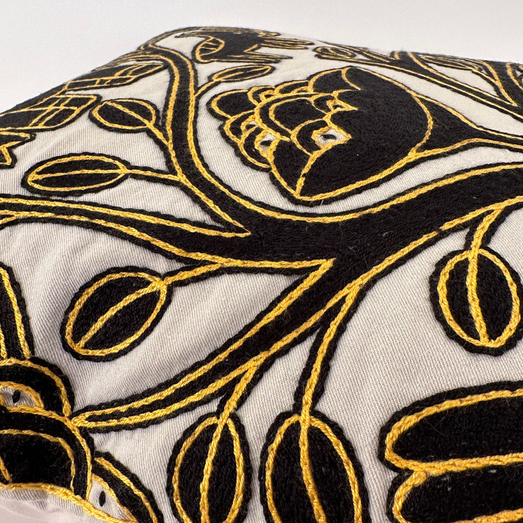 Ivory, Black + Gold Hand Embroidered Pillow Cover