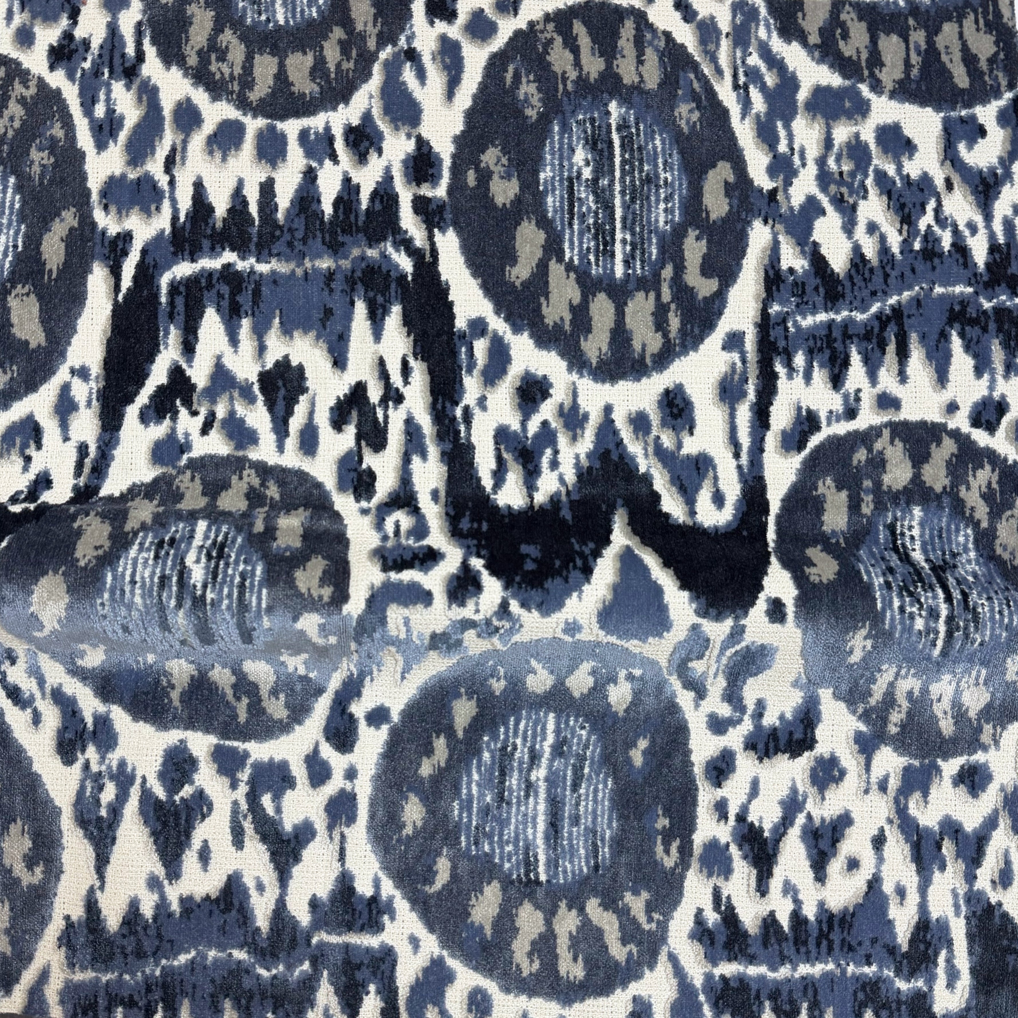 KAYA -IKAT EFFECT DESIGNER PATTERN CUT VELVET UPHOLSTERY FABRIC BY THE YARD