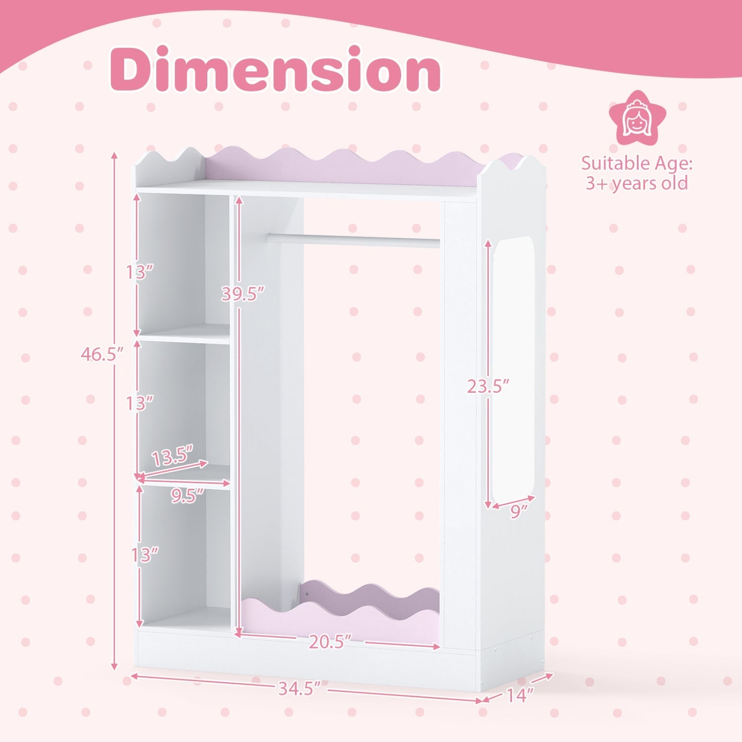 Kids Dress Up Storage with Mirror and Hanging Rack - Pink