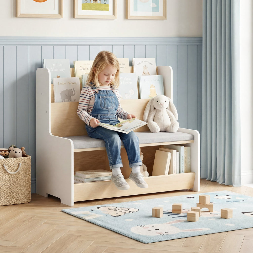 Kids Reading Nook with Bench Bookshelf and 2 Cubbies