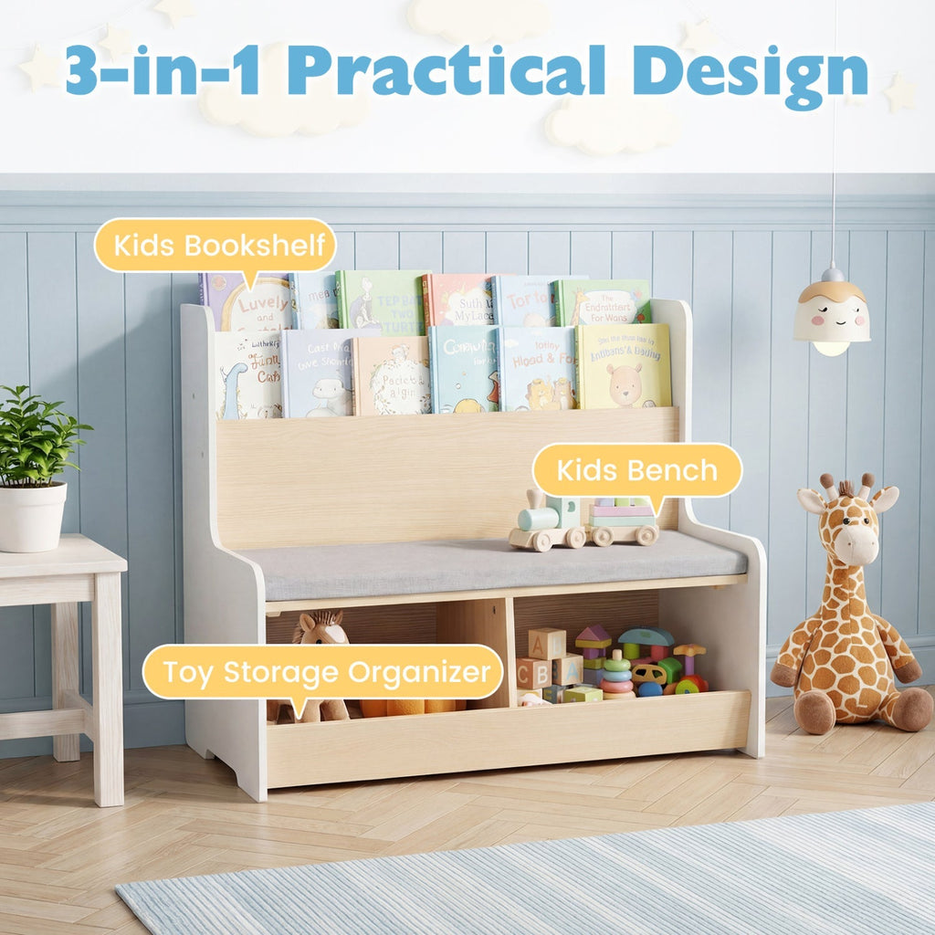 Kids Reading Nook with Bench Bookshelf and 2 Cubbies