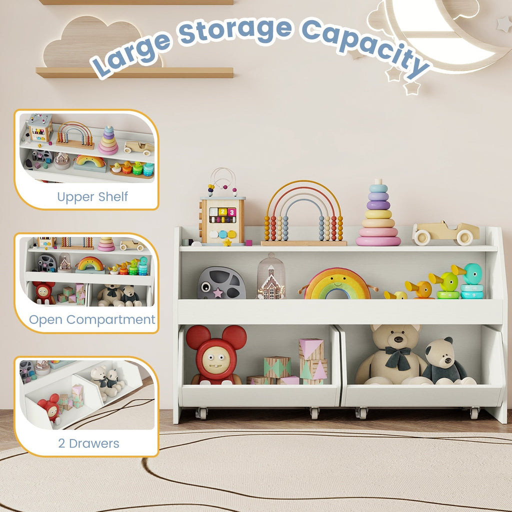 Kids Toy Storage Organizer Wooden Bookcase with 2 Movable Drawers