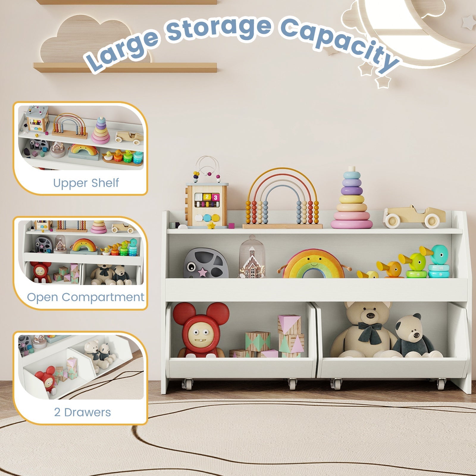 Kids Toy Storage Organizer Wooden Bookcase with 2 Movable Drawers
