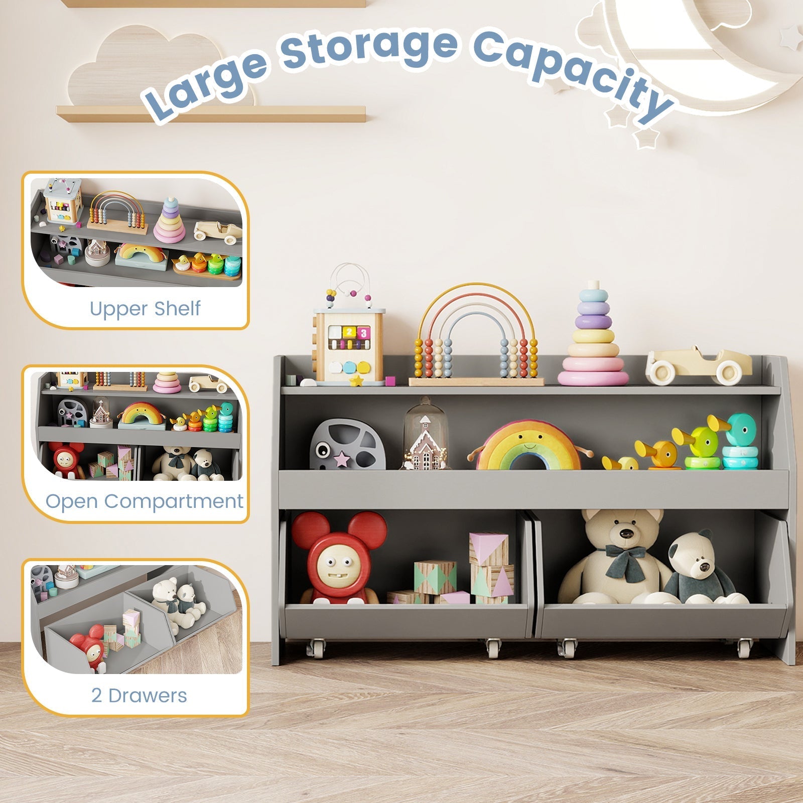 Kids Toy Storage Organizer Wooden Bookcase with 2 Movable Drawers