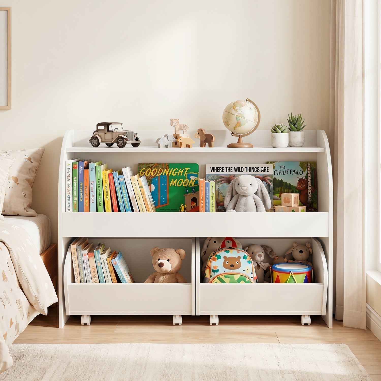 Kids Storage Organizer with Rolling Drawers & Bookshelf