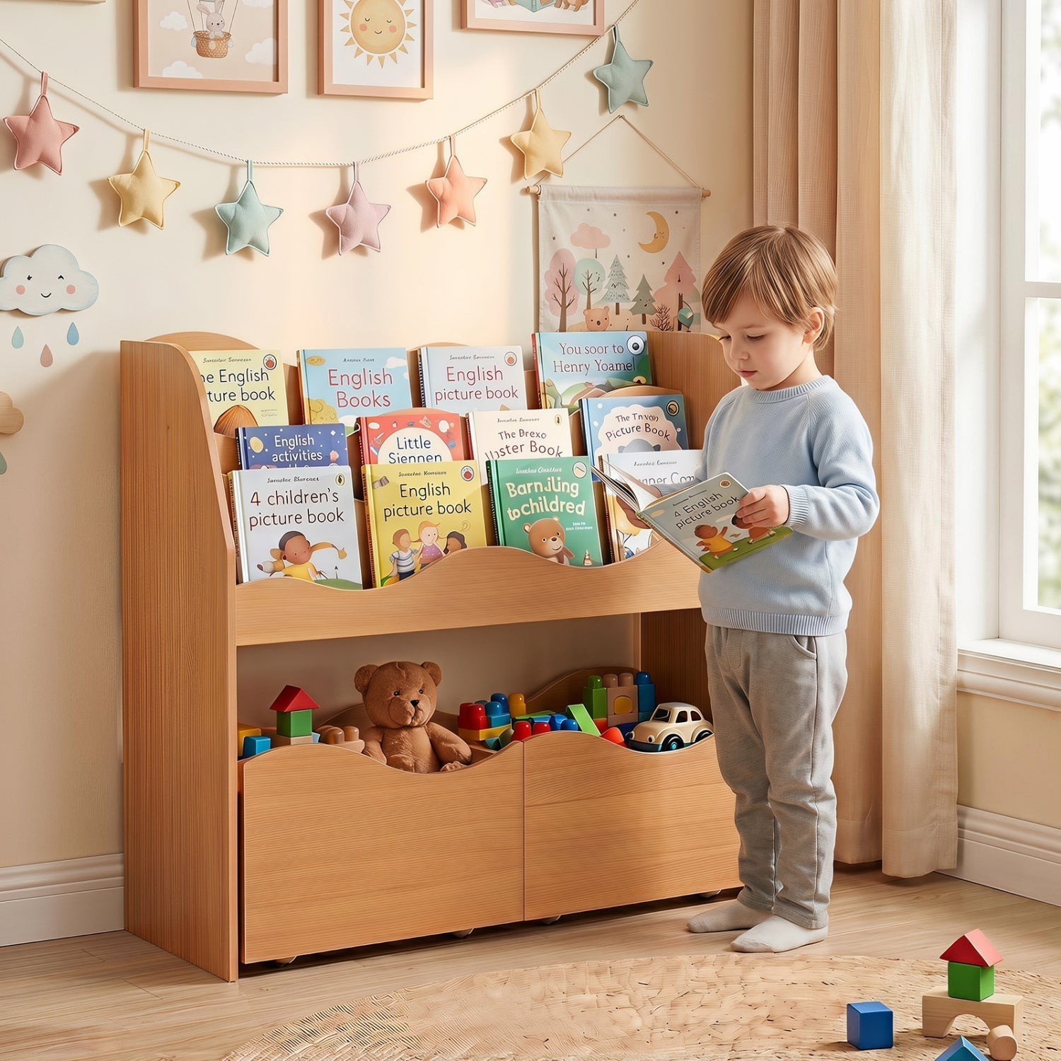 Kids Storage Organizer with Rolling Drawers and Bookshelf