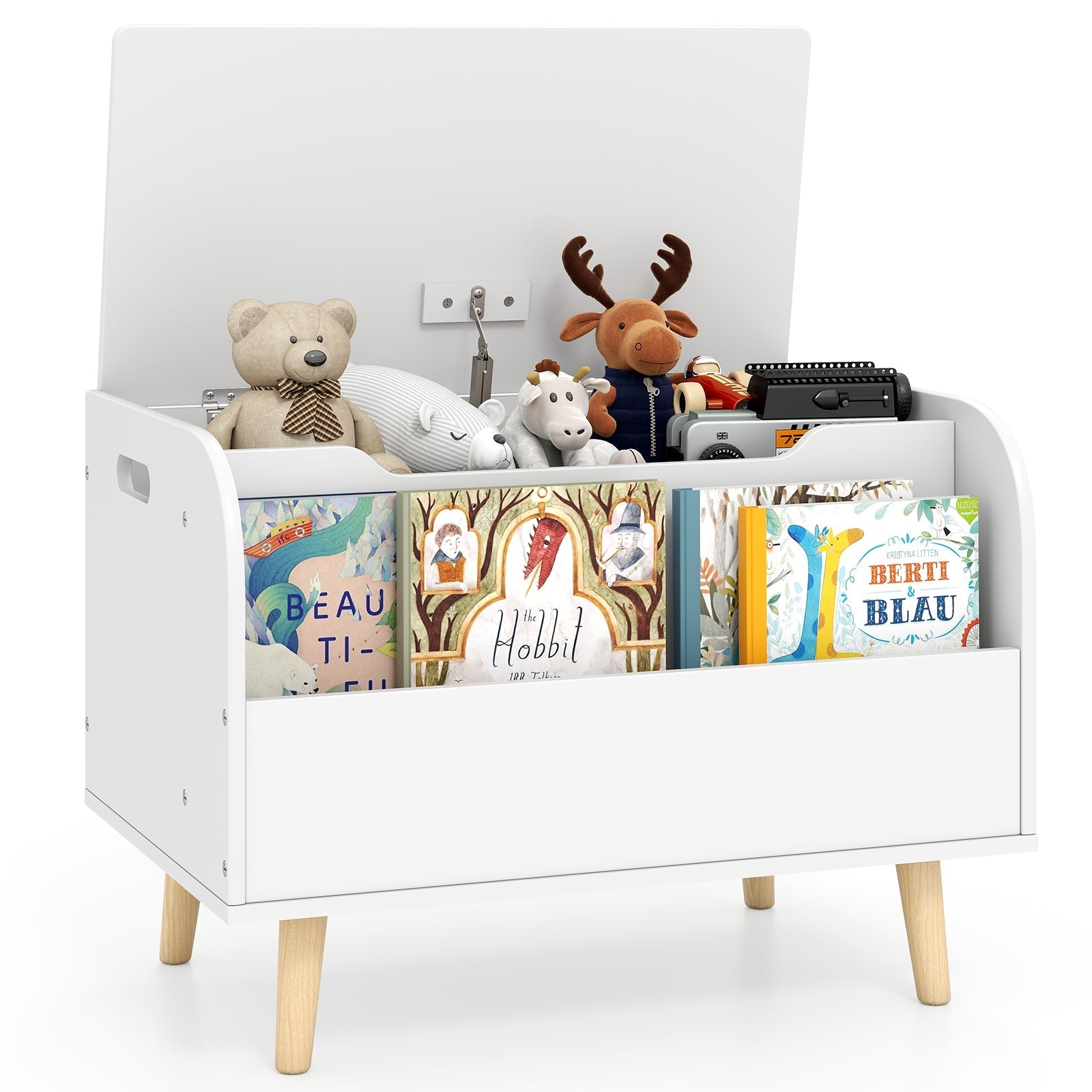 Kids Wooden Toy Box with Front Bookshelf and 4 Solid Wood Legs for Playroom