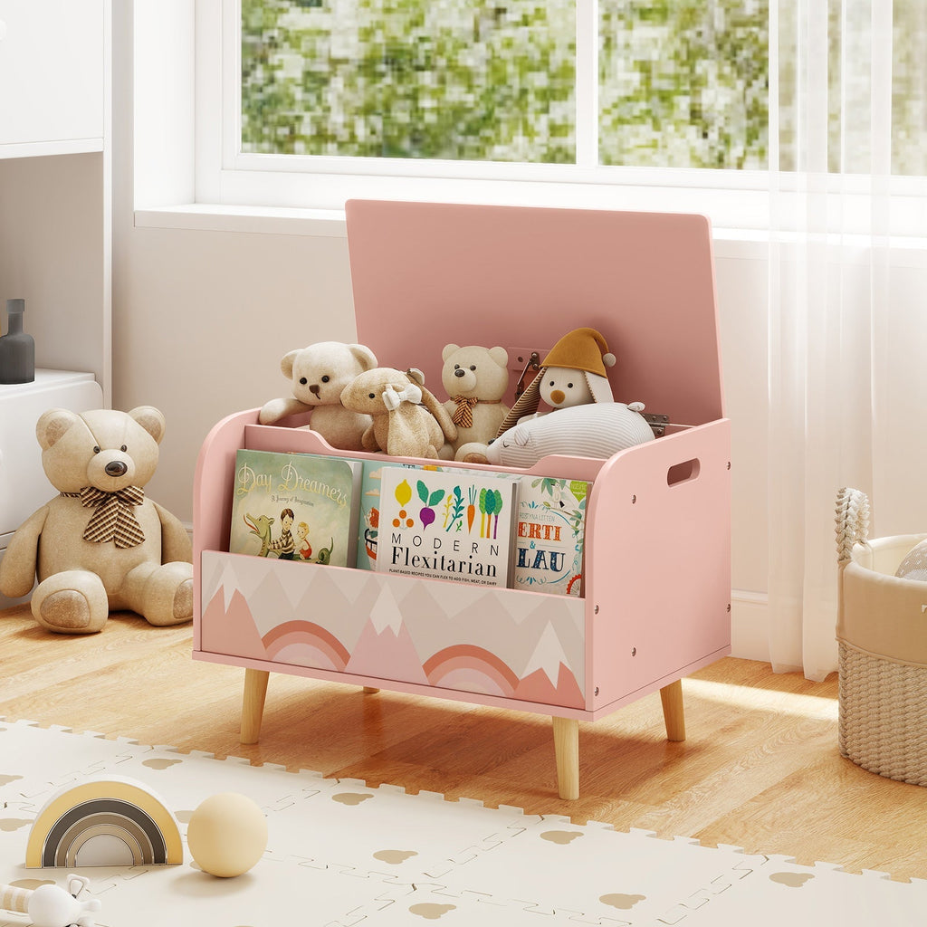 Kids Wooden Toy Box with Front Bookshelf and 4 Solid Wood Legs for Playroom