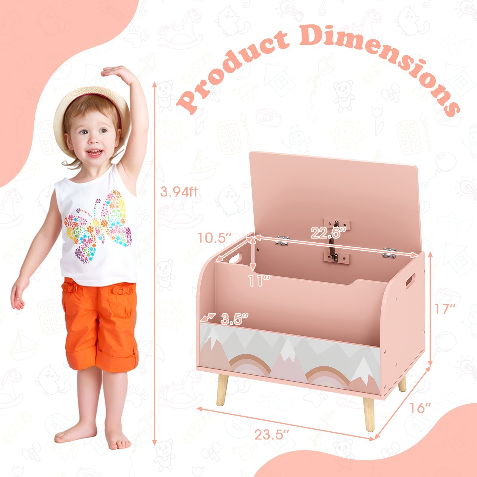 Kids Wooden Toy Box with Front Bookshelf and 4 Solid Wood Legs for Playroom