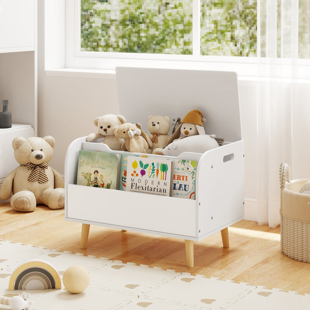 Kids Wooden Toy Box with Front Bookshelf and 4 Solid Wood Legs for Playroom