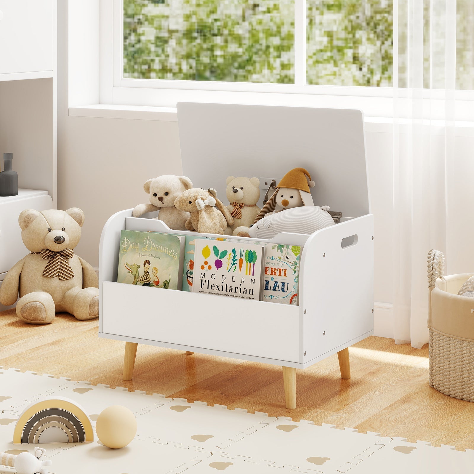 Kids Wooden Toy Box with Front Bookshelf and 4 Solid Wood Legs for Playroom
