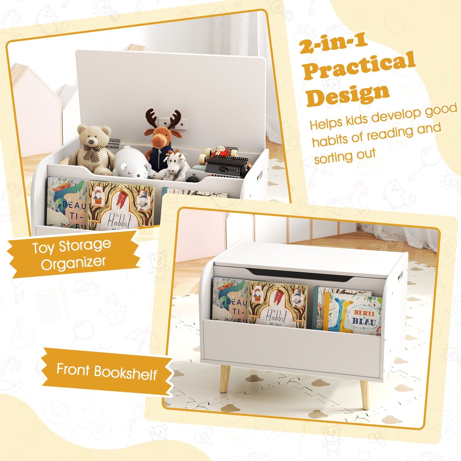 Kids Wooden Toy Box with Front Bookshelf and 4 Solid Wood Legs for Playroom