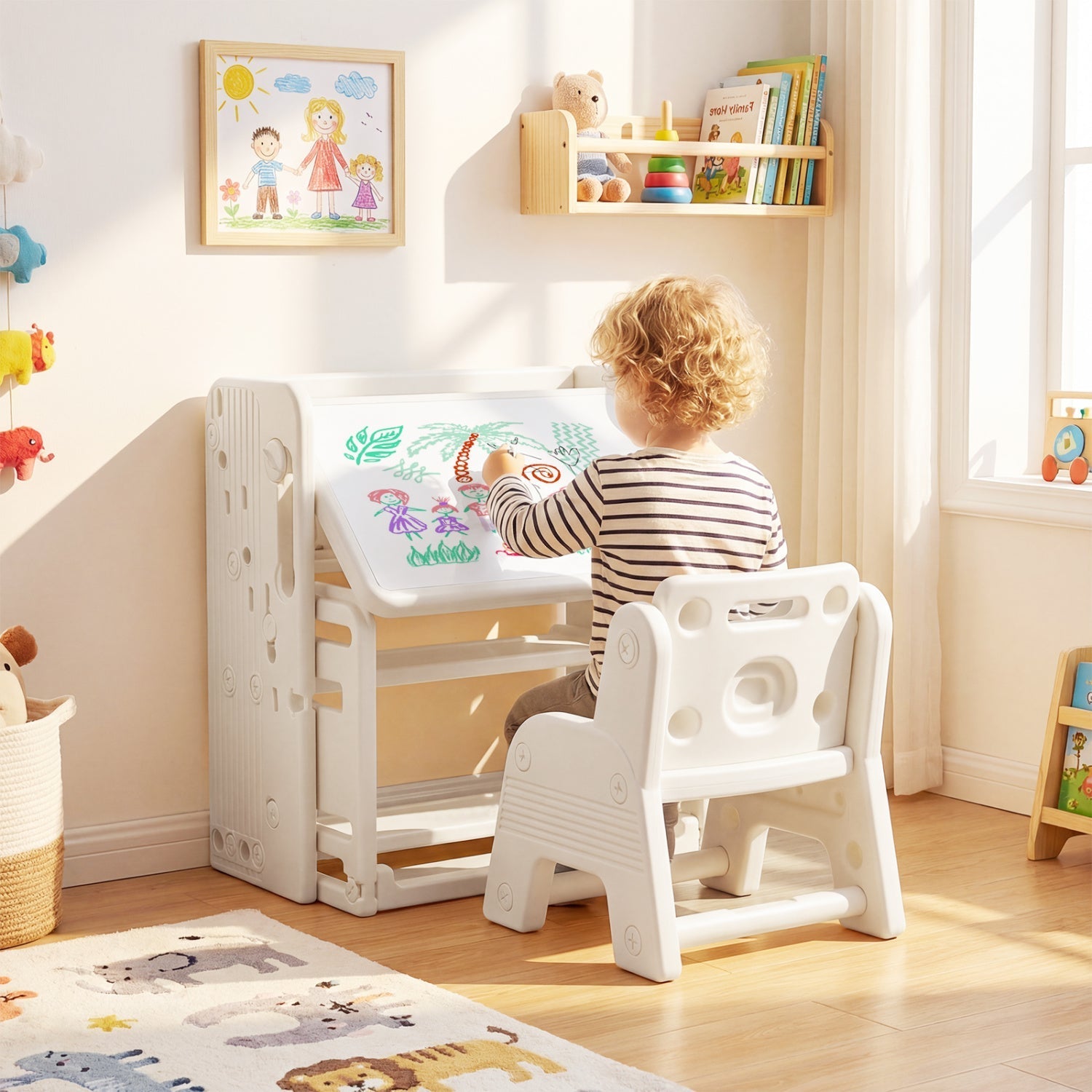 Kids Writing Desk & Chair Set with Side Bookshelves