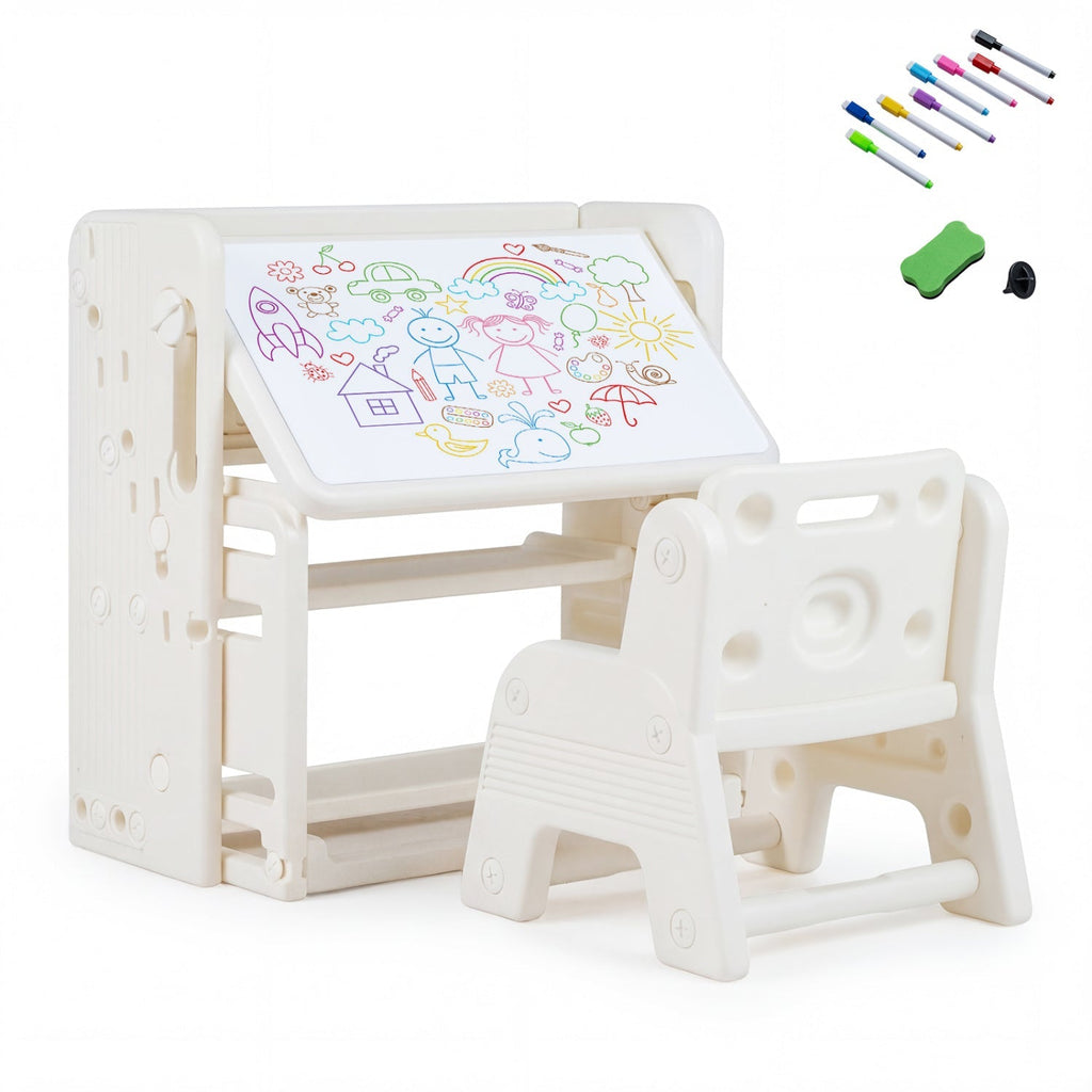 Kids Writing Desk & Chair Set with Side Bookshelves