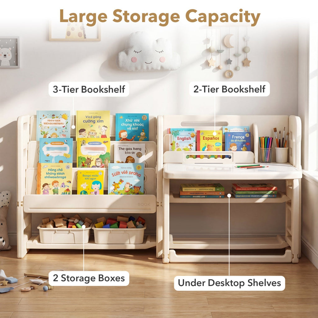 Kids Writing Desk & Chair Set with Side Bookshelves