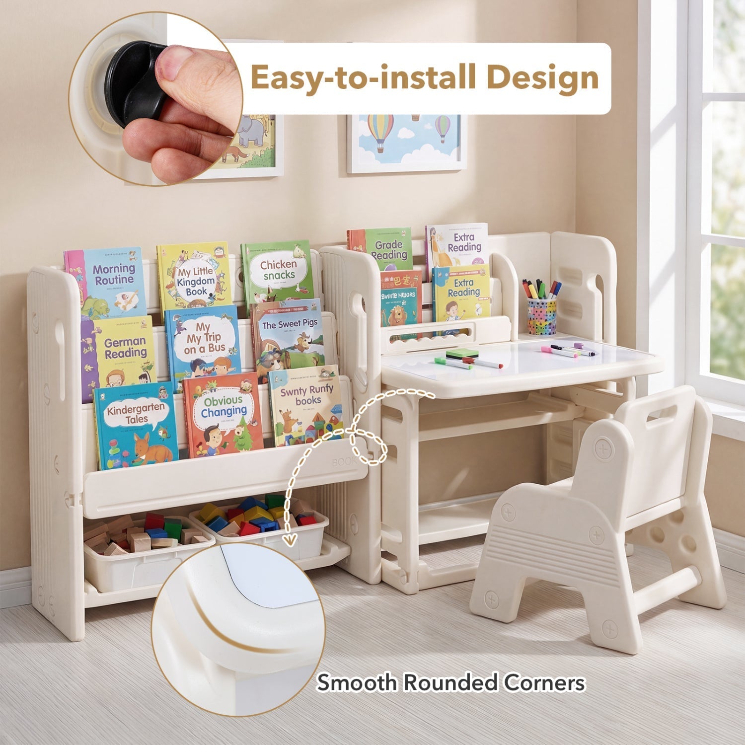 Kids Writing Desk & Chair Set with Side Bookshelves