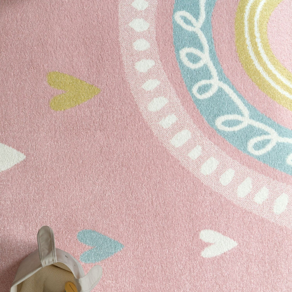 Kids Rug Nino with Rainbow and Hearts for Nursery in Pink
