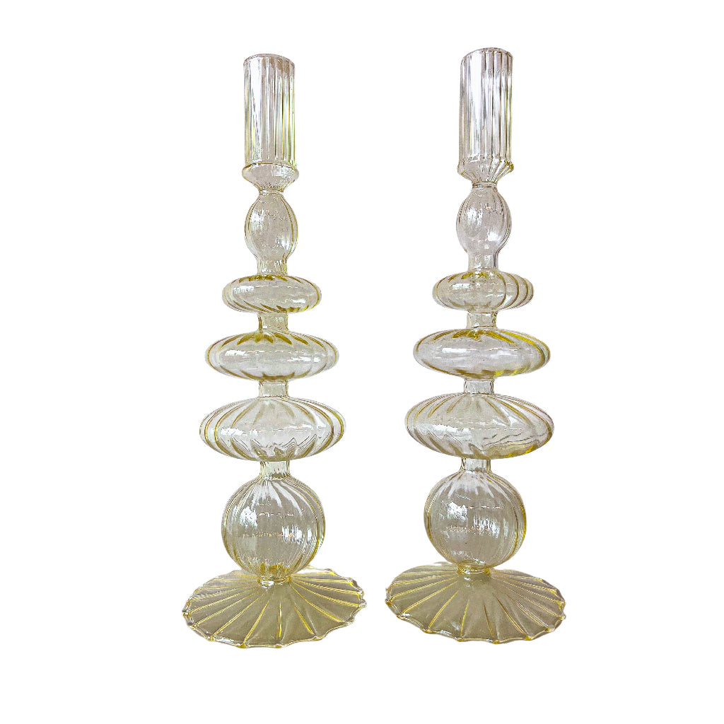 Buttercream Ribbed Glass Candle Holders - Pair