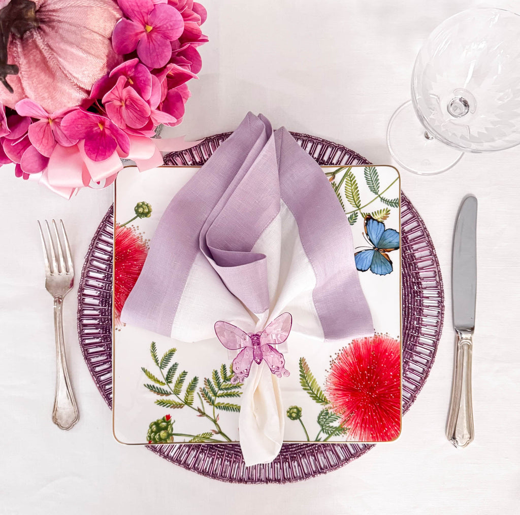 Lilac Linen Napkins with Double Sided Borders, Set of 4