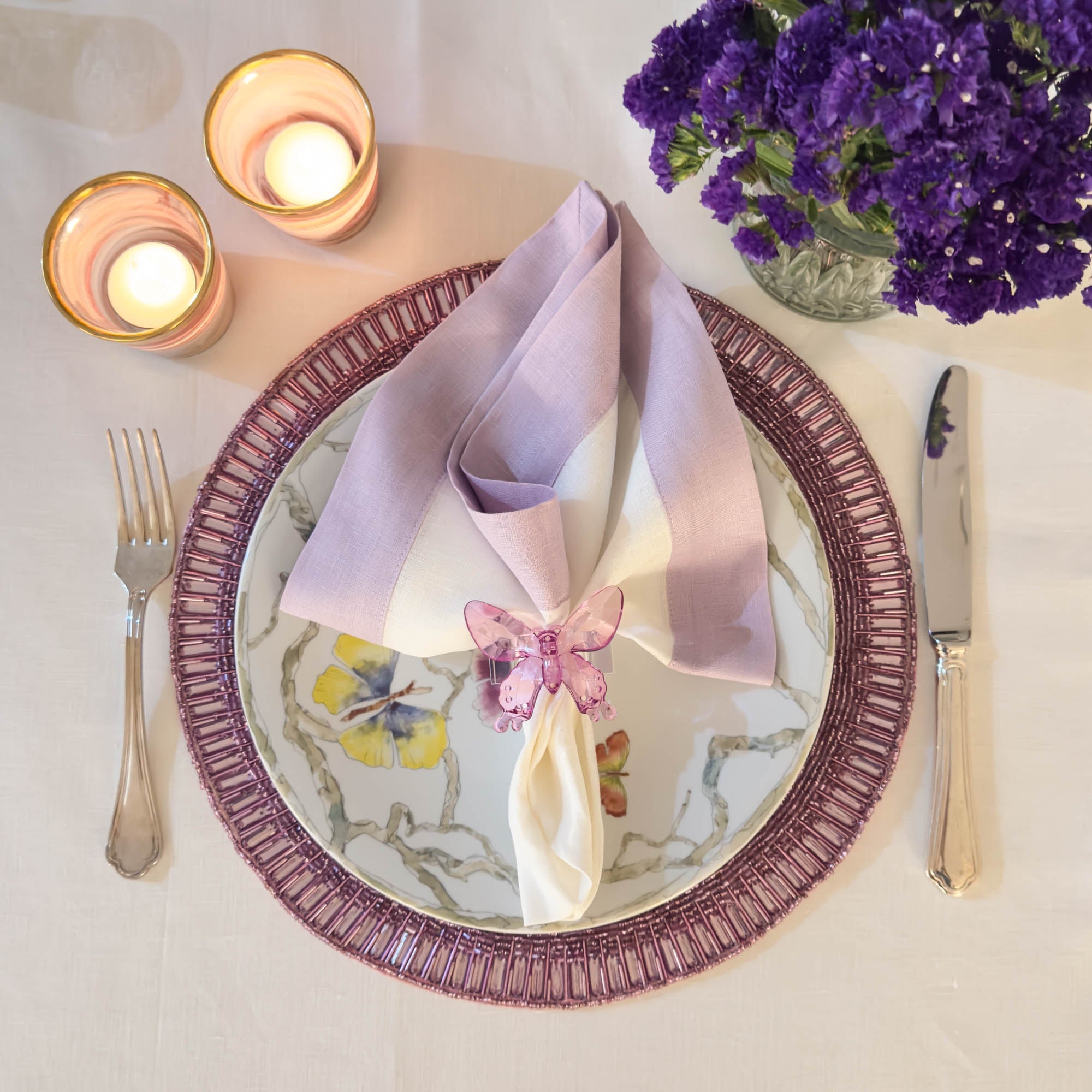 Lilac Linen Napkins with Double Sided Borders, Set of 4