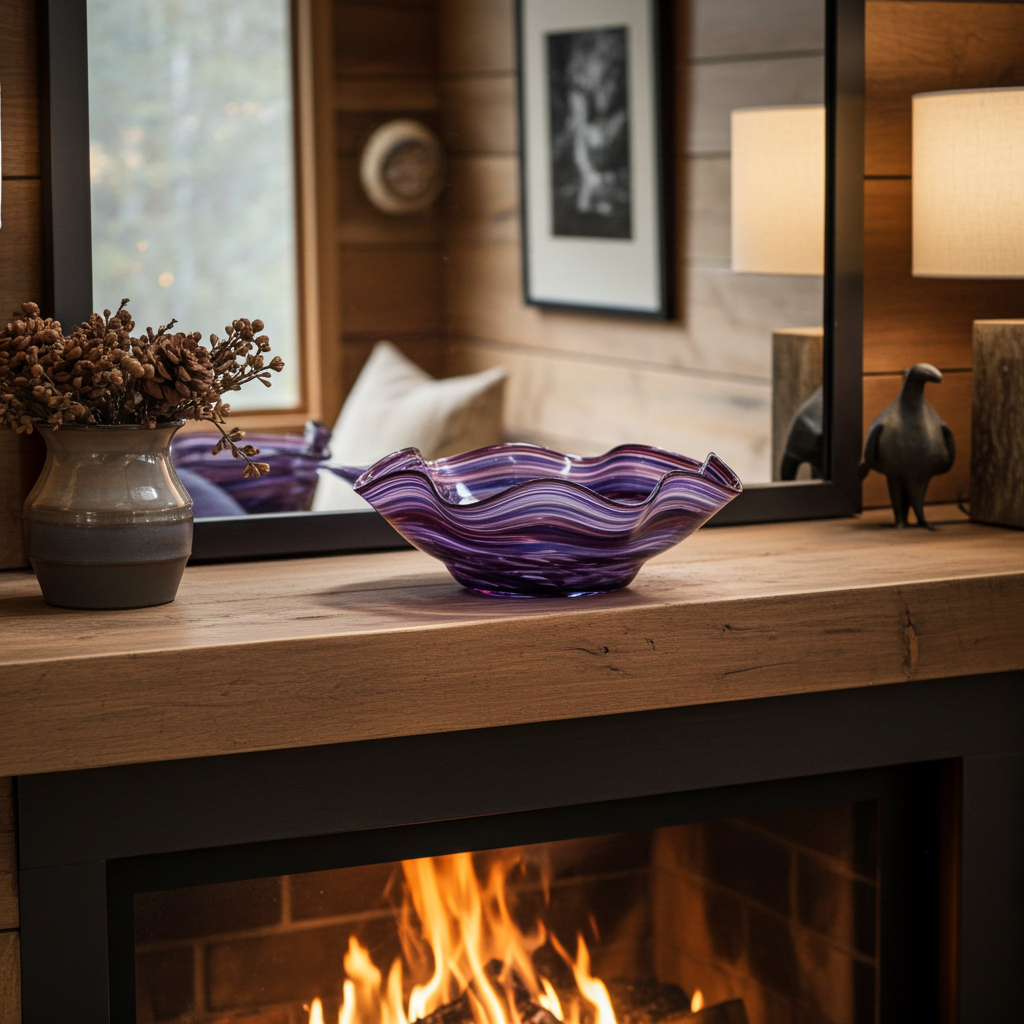 Hand-Blown Swirled Art Glass Centerpiece Bowl – Purple Blue Marbled Accent