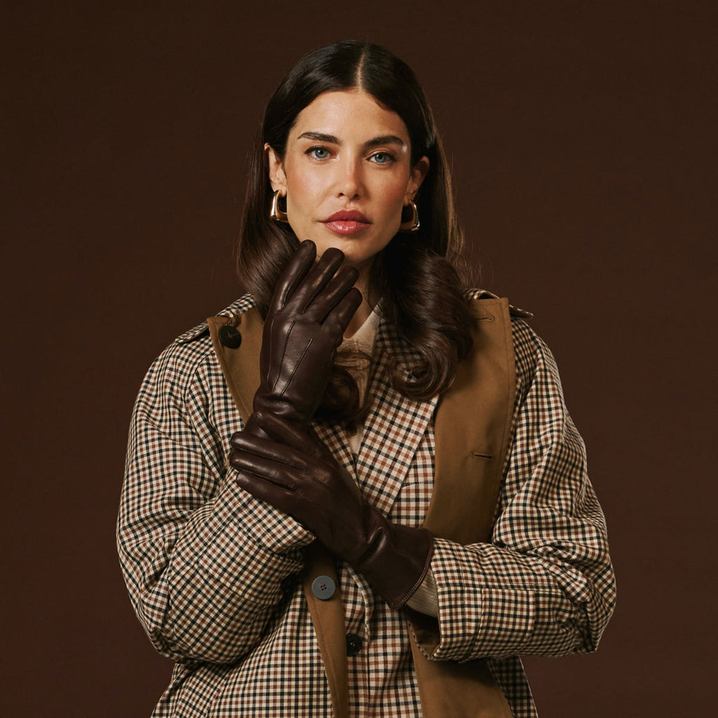 Luciana (brown) - Extended women's Italian lambskin leather gloves with rabbit fur lining