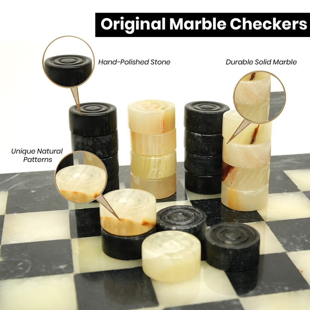 Black Onyx and White Marble Checkers Set - (Luxury 32 Pieces)