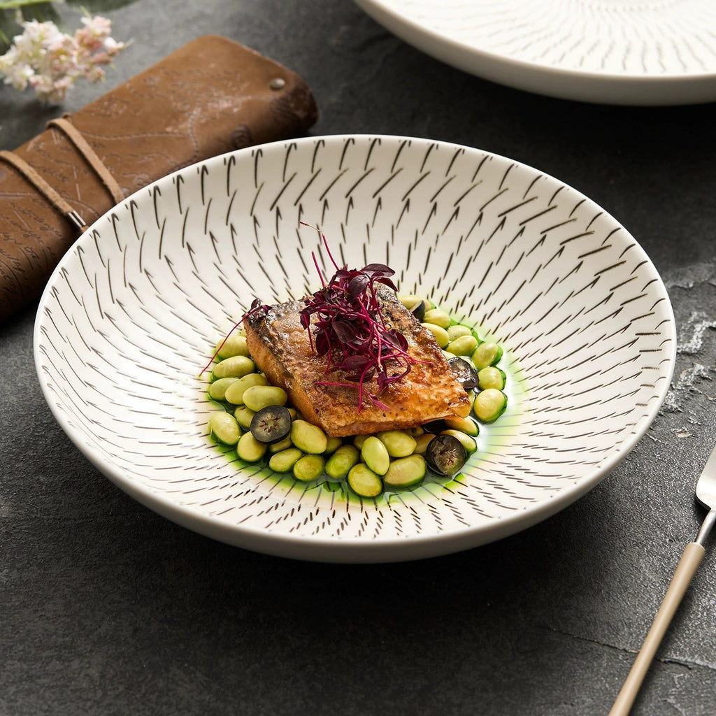 Luxury Japanese-Style Ceramic Dinner Plate – Modern Black Line Pattern