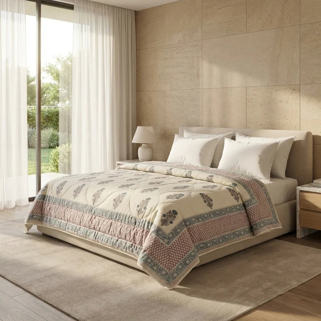 Cream & Slate Blue Floral Jaipur Indian Hand Block Print Quilted Comforter