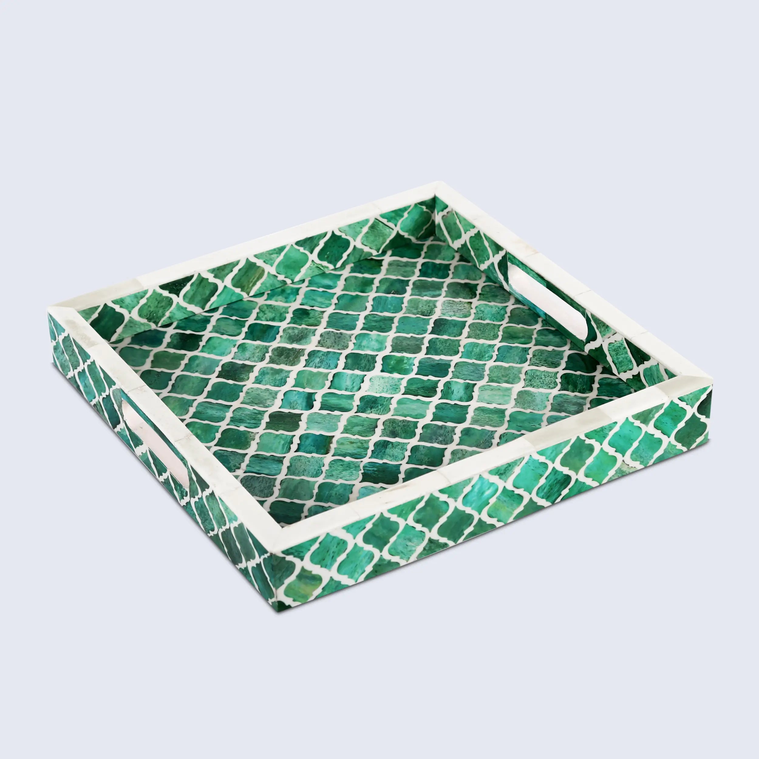 Decorative Moroccan Tray – Green & White Design, Available in 3 Sizes