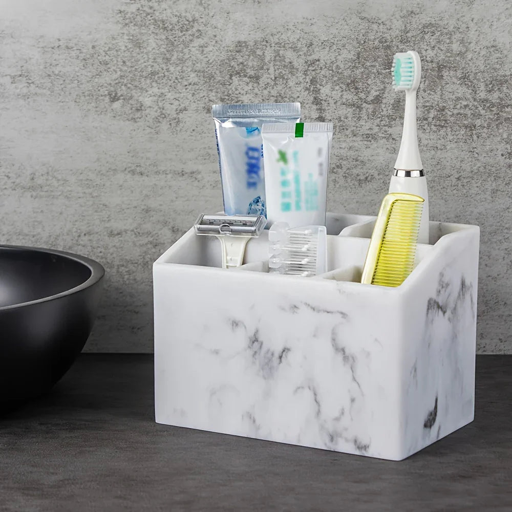 Marble White Resin Toothbrush & Toothpaste Holder - Multi-Functional Bathroom Organizer for Electric Toothbrushes, Stationery Storage Box - Perfect Christmas or Halloween Gift