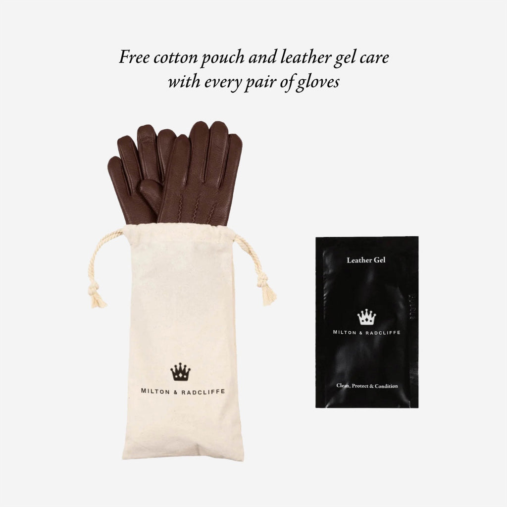 Skylar (brown) – Extra-long sheepskin leather gloves with wool/cashmere lining & touchscreen capability