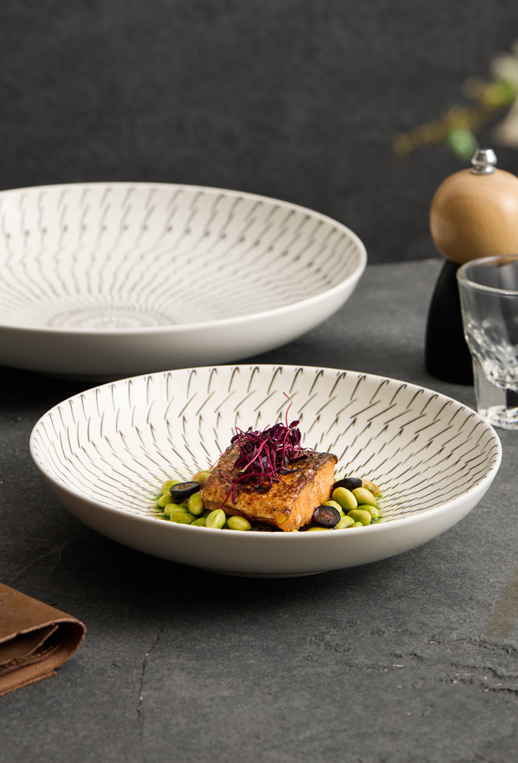 Luxury Japanese-Style Ceramic Dinner Plate – Modern Black Line Pattern