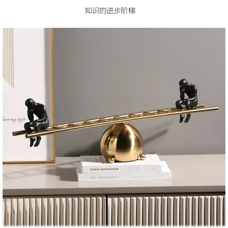 Modern Balance Thinker Sculpture with Golden Ladder for Contemporary Home Decor
