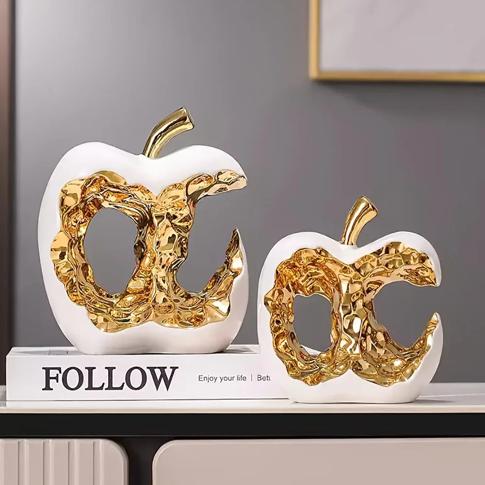 Modern Ceramic Apple Sculpture with Gold Abstract Center