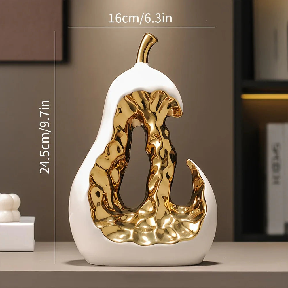 Modern Ceramic Pear Sculpture with Gold Abstract Center