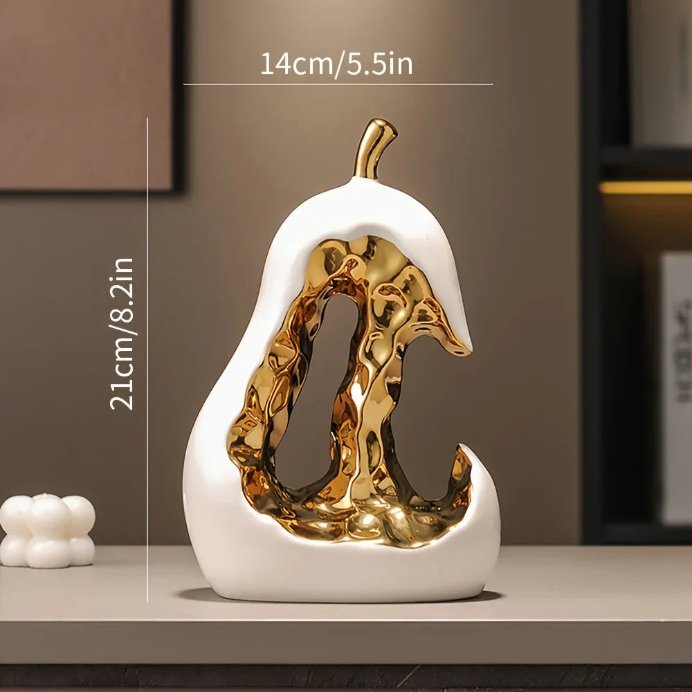 Modern Ceramic Pear Sculpture with Gold Abstract Center