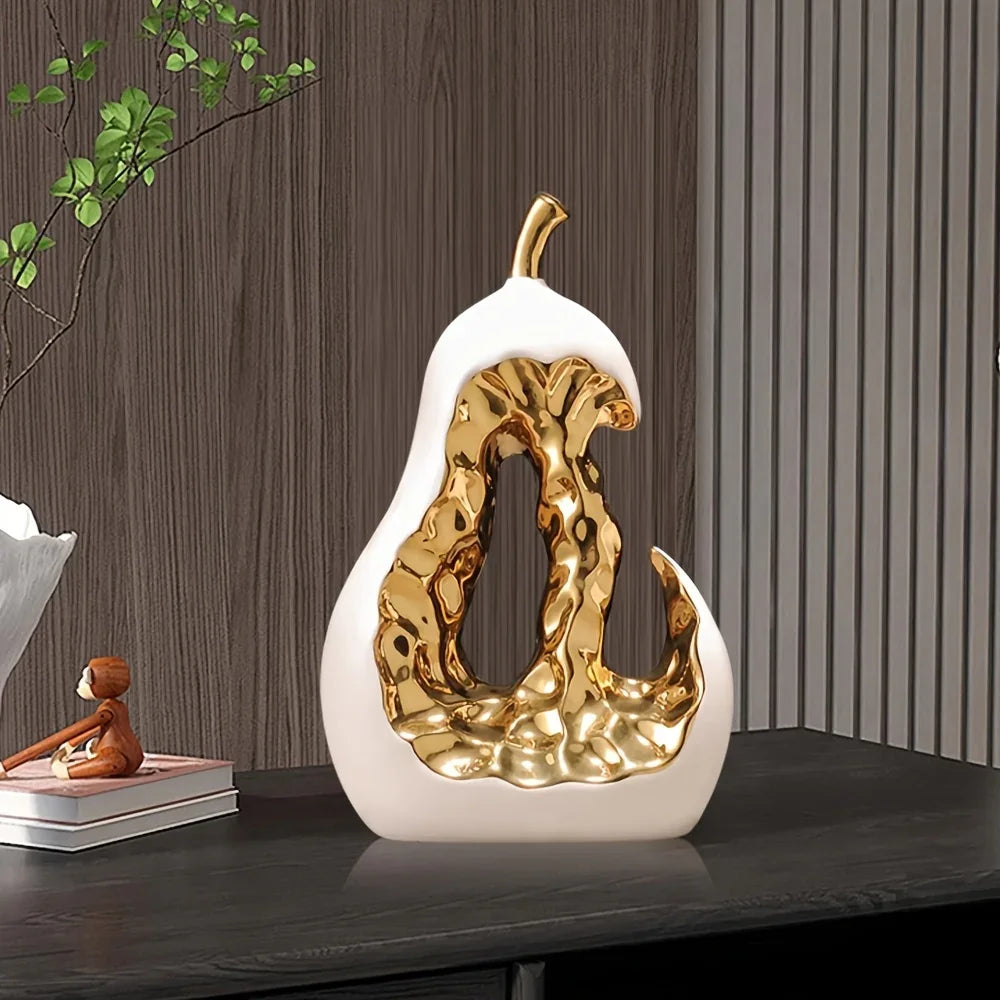 Modern Ceramic Pear Sculpture with Gold Abstract Center