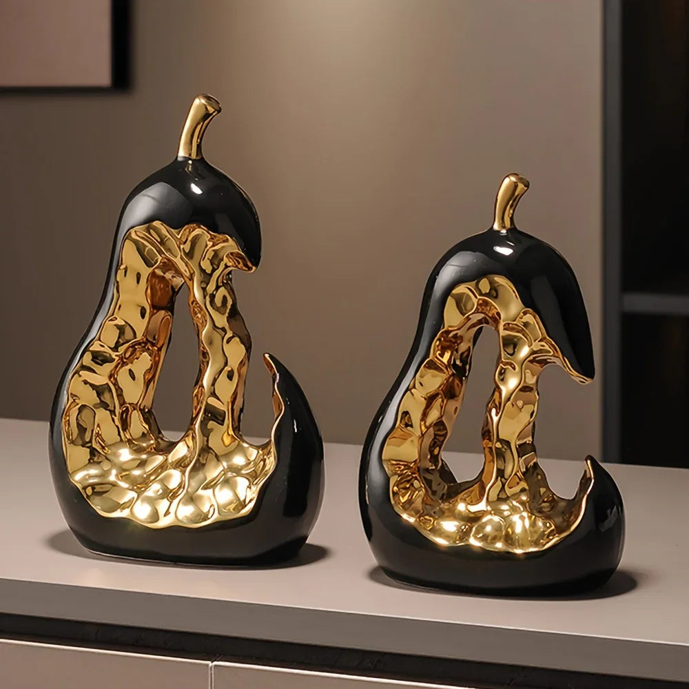 Modern Ceramic Pear Sculpture with Gold Abstract Center