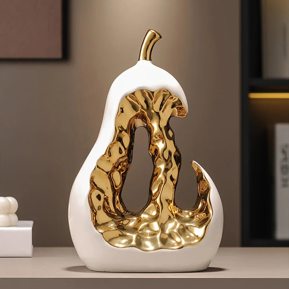 Modern Ceramic Pear Sculpture with Gold Abstract Center