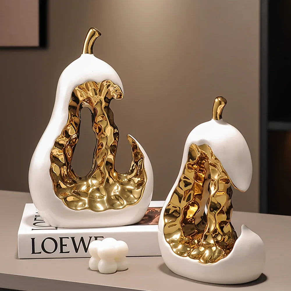 Modern Ceramic Pear Sculpture with Gold Abstract Center